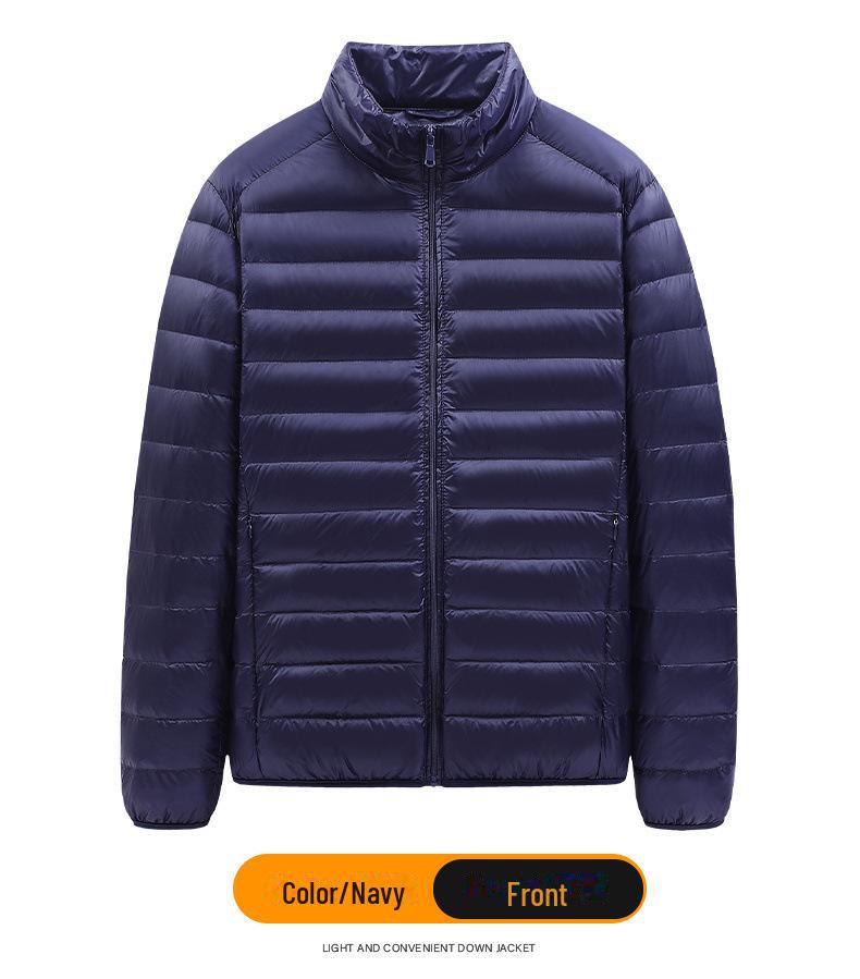 Men's Lightweight Hooded Down Jacket - Short Stand-Up Collar, Casual and Warm for Winter