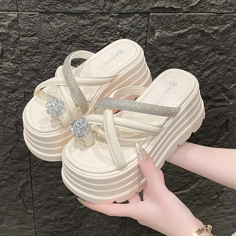 Mode Damen Sommer Bling Klobige Pantoletten Hohe Plateau Flip Flops 8,5CM Keilabsatz Pantoletten Süße Mädchen Sandalen Offene Zehen Strandschuhe