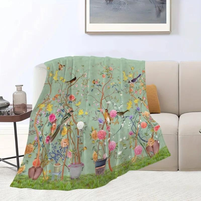 1pc Creative Flower and Bird Flannel Blanket Comfortable Warm Soft Sofa Throw Blanket for All Seasons Office Bed Travel Blanket