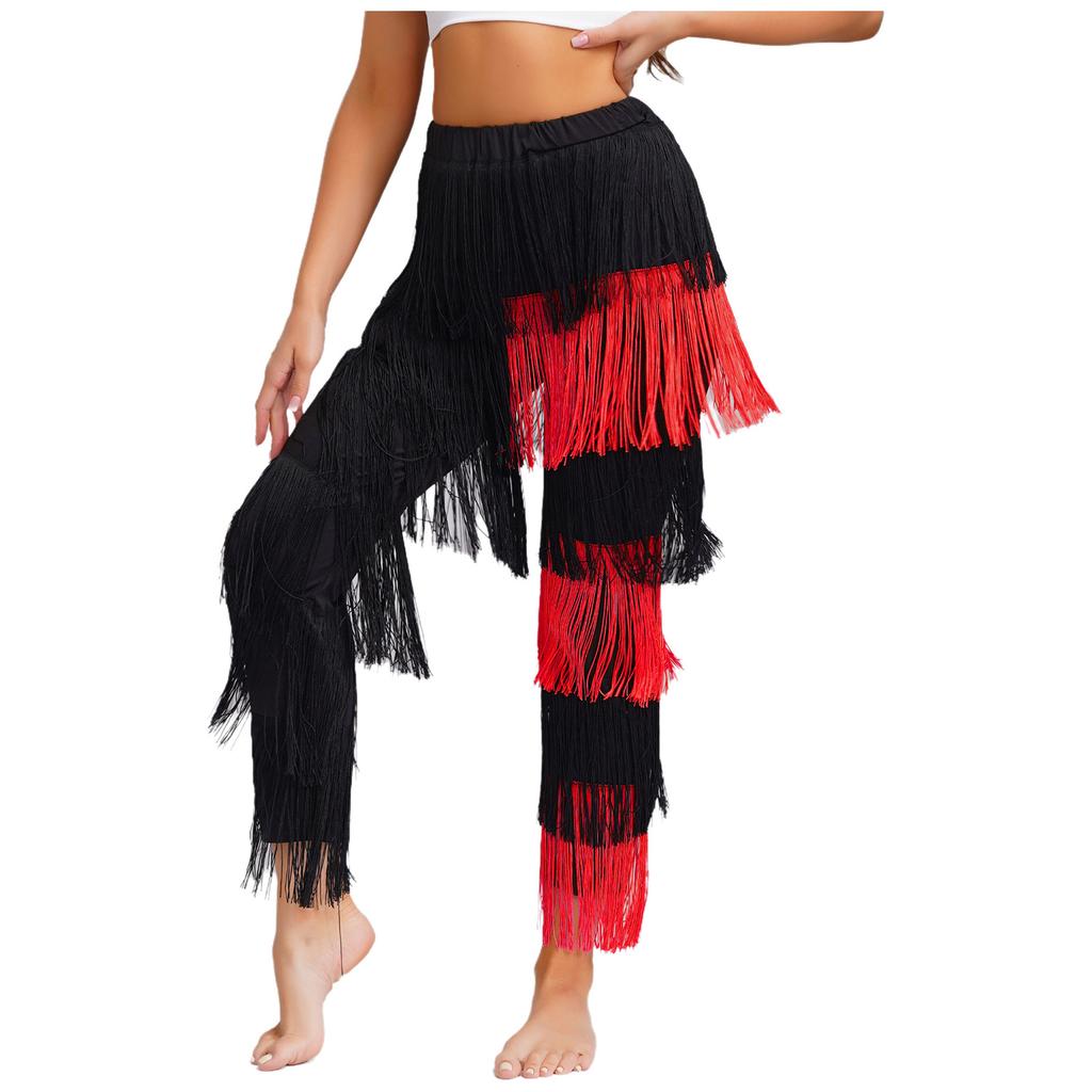 Women's Latin Dance Fringe Pants S-3XL: Elastic Waistband Contrast Color Tassel Trousers for Chacha Tango Rumba Dance Costume