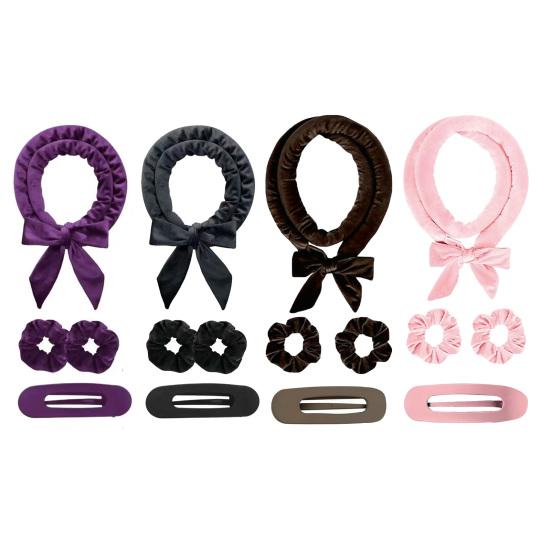 No Heat Hair Curling Rod Bow Headband with 2 Scrunchies Clip Women Overnight Sleeping Velvet Hair Curler Long Hair Curls Roller Styling Tool