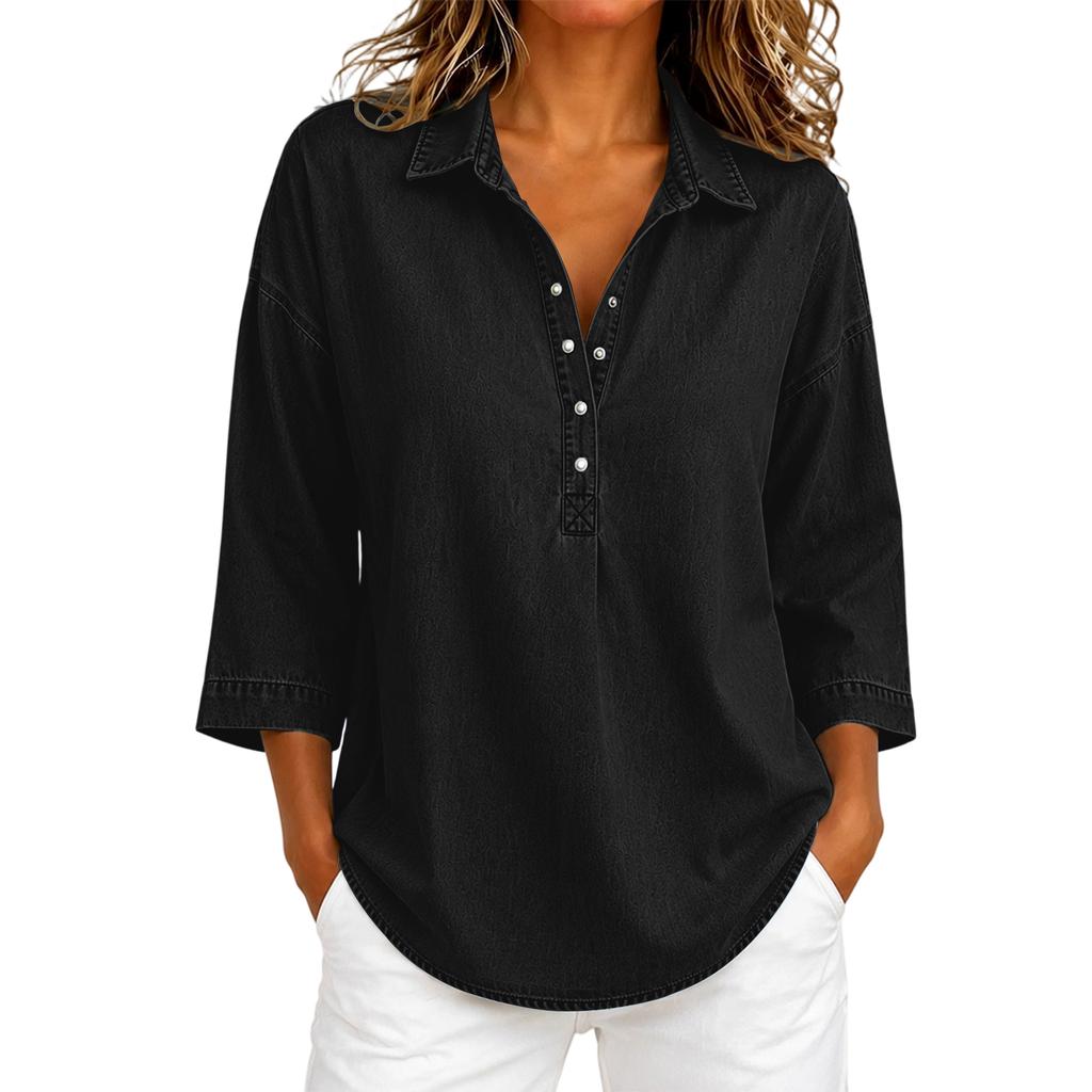 Women's Loose Fit Denim- Button Top with Three-Quarter Sleeves for Casual Everyday Wear