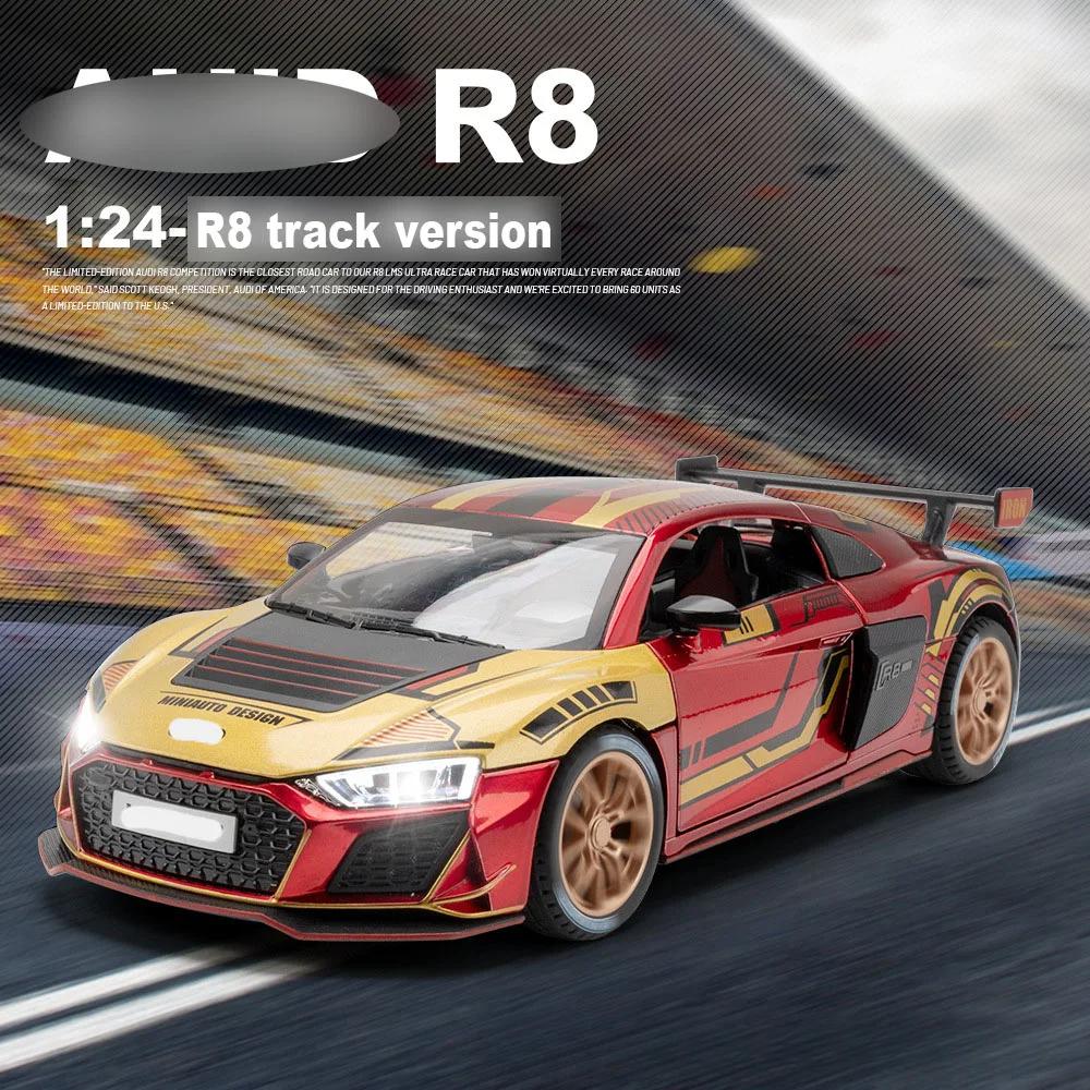 Model auta R8 z hliníkové slitiny v měřítku 1/24, vysoce simulační odlitky, hračka se zvukem a světlem, natahovací vozidla, dekorační hračka pro děti, dárek
