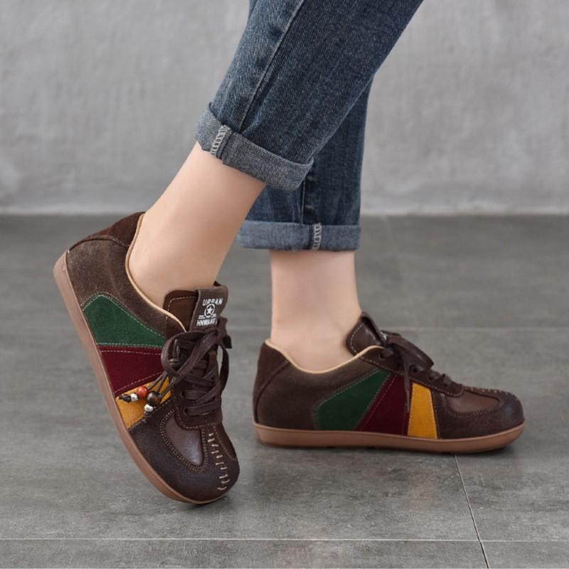 Johnature Flat Lace Up Women's Shoes Genuine Leather Retro Mixed Colors Versatile All Season Shoes