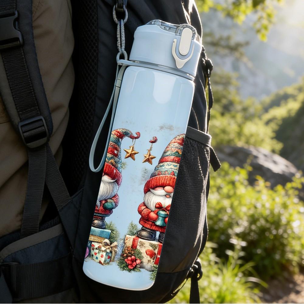 1PC Gnome Santa Christmas Set Print 750ml Color Plastic Sports Water Bottle Leakproof Flip Straw Lid Suitable for Sports Office Home Use