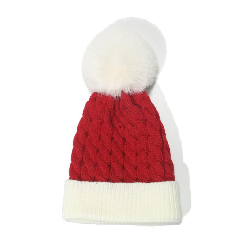 Autumn and winter European and American knitted hats for children, green and red splicing wool hats, warm hairball cold hats, children's