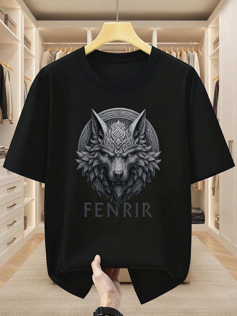 Summer Nordic Style Wolfhead Pattern Street Hiphop Retro Style Mens Shortsleeved Tshirt Made of 100 Pure Cotton