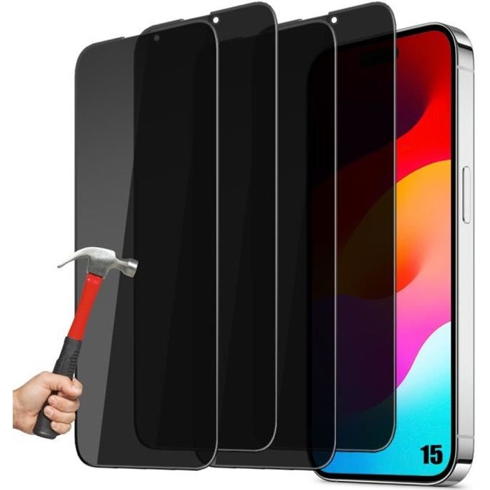 Protecteurs d'écran en verre trempé anti-espion pour iPhone 15 - Lot de 4 - Noir