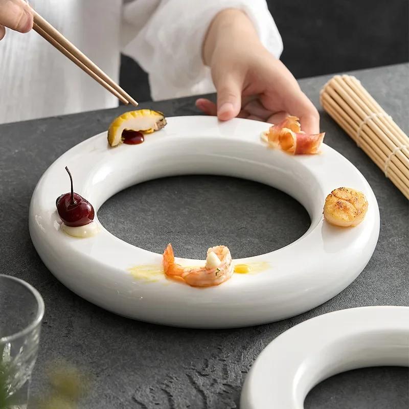 Pure White Ceramic Doughnut Dinner Plate Afternoon Tea Dim Sum Sushi Plate Dessert Snack Plate Restaurant Specialty Tableware