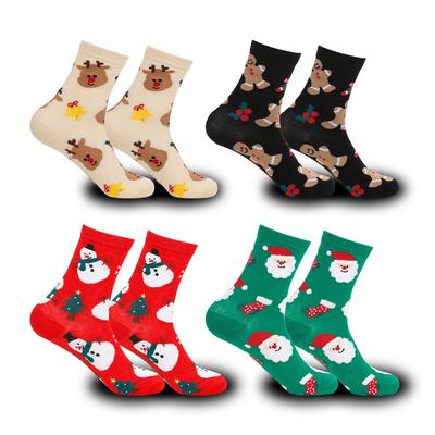 Festliche Baumwoll-Wadenlange Damen-Socken: Weihnachtsmann, Rentier, Schneemann Cartoon-Design