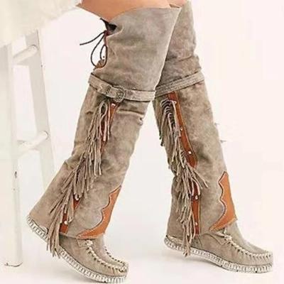 Buty męskie damskie modne boho do kolan etniczne osobowość wysokie frędzle zamszowe dziewczęce płaskie dno długie botas mujer