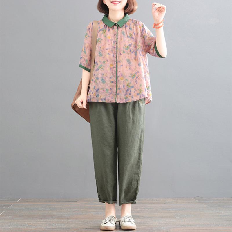 2025 Korean Plus-Size Retro Print Two-Piece Set for Women