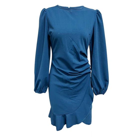 Lady Dress Puff Sleeve Irregular Hem Slim Fit Irregular Ruffle Patchwork Hem Round Neck Pleated Mini Dress Office Party Prom Dress