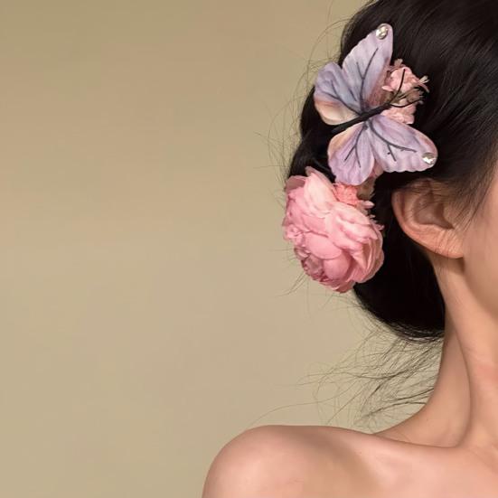 Butterfly Hair Clip Artificial Peony Flower with Acrylic Crocodile Clip Flower Hair Barrette for Beach Vacation Party Dress-up