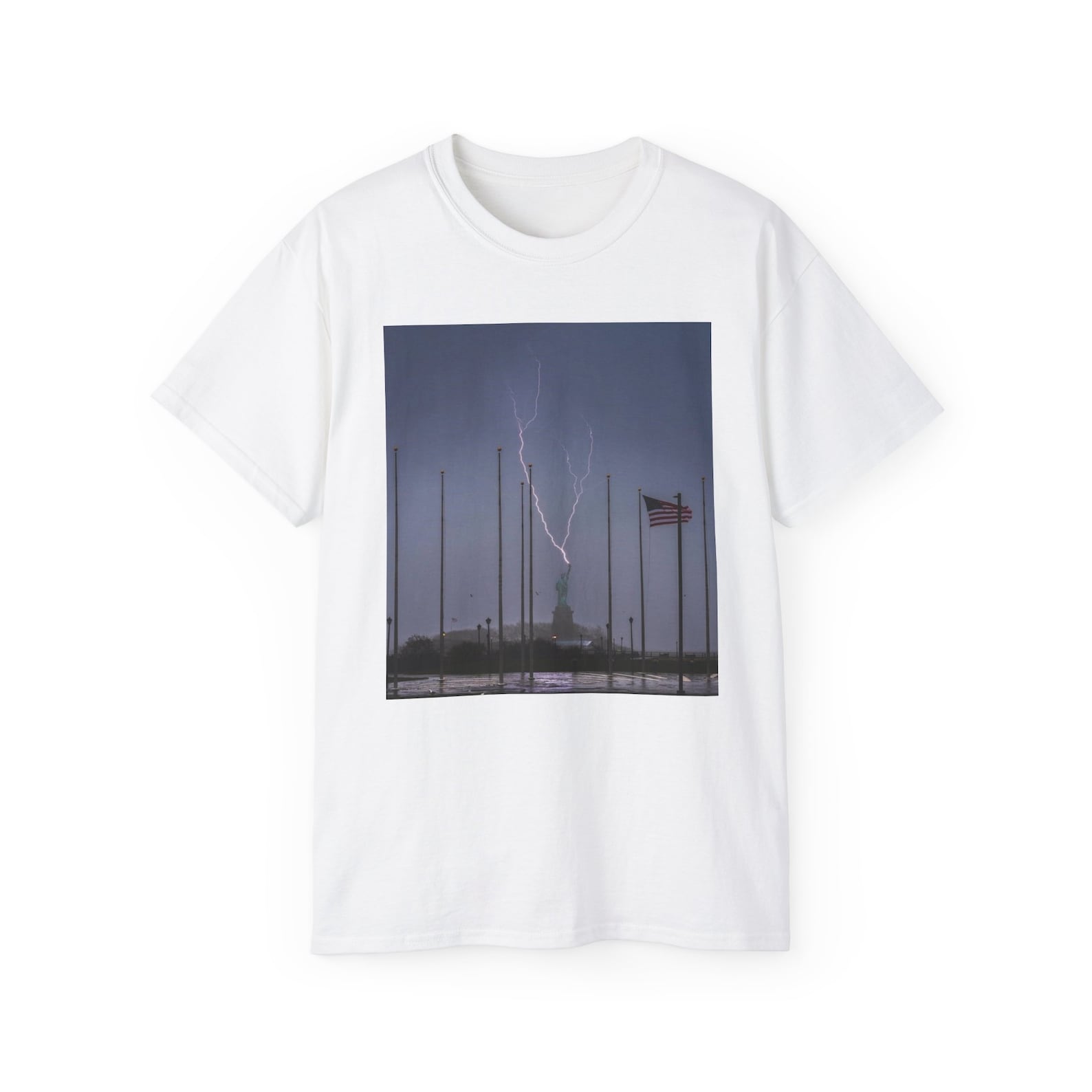 Statue of Liberty Lightning Strike American Flag Unisex Cotton T shirt 4XL