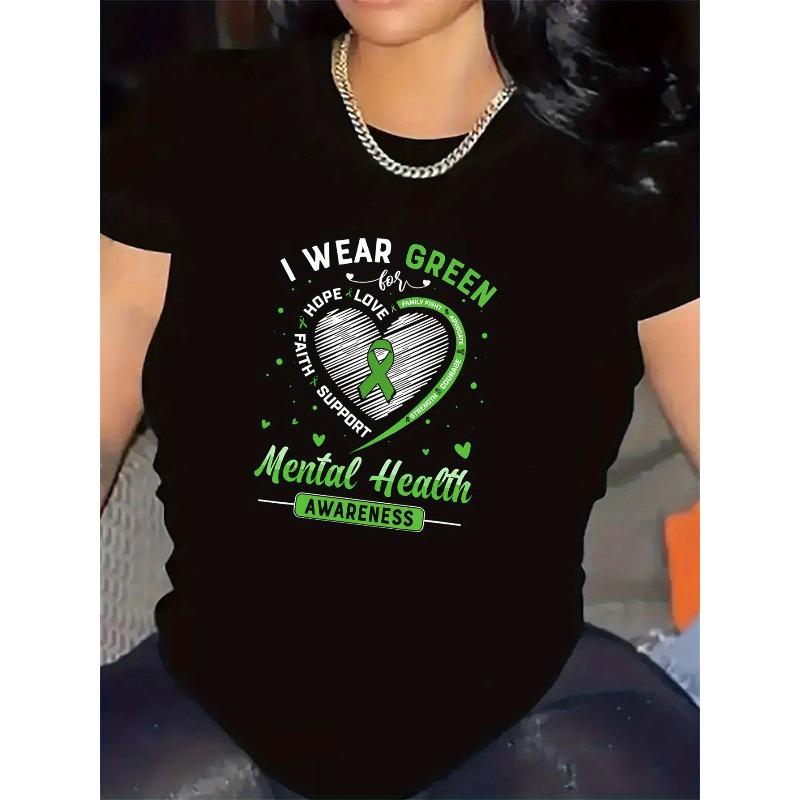 

Women s Green Heart Print T-Shirt Mental Health Awareness Casual Short Sleeve Tee For Supporters S