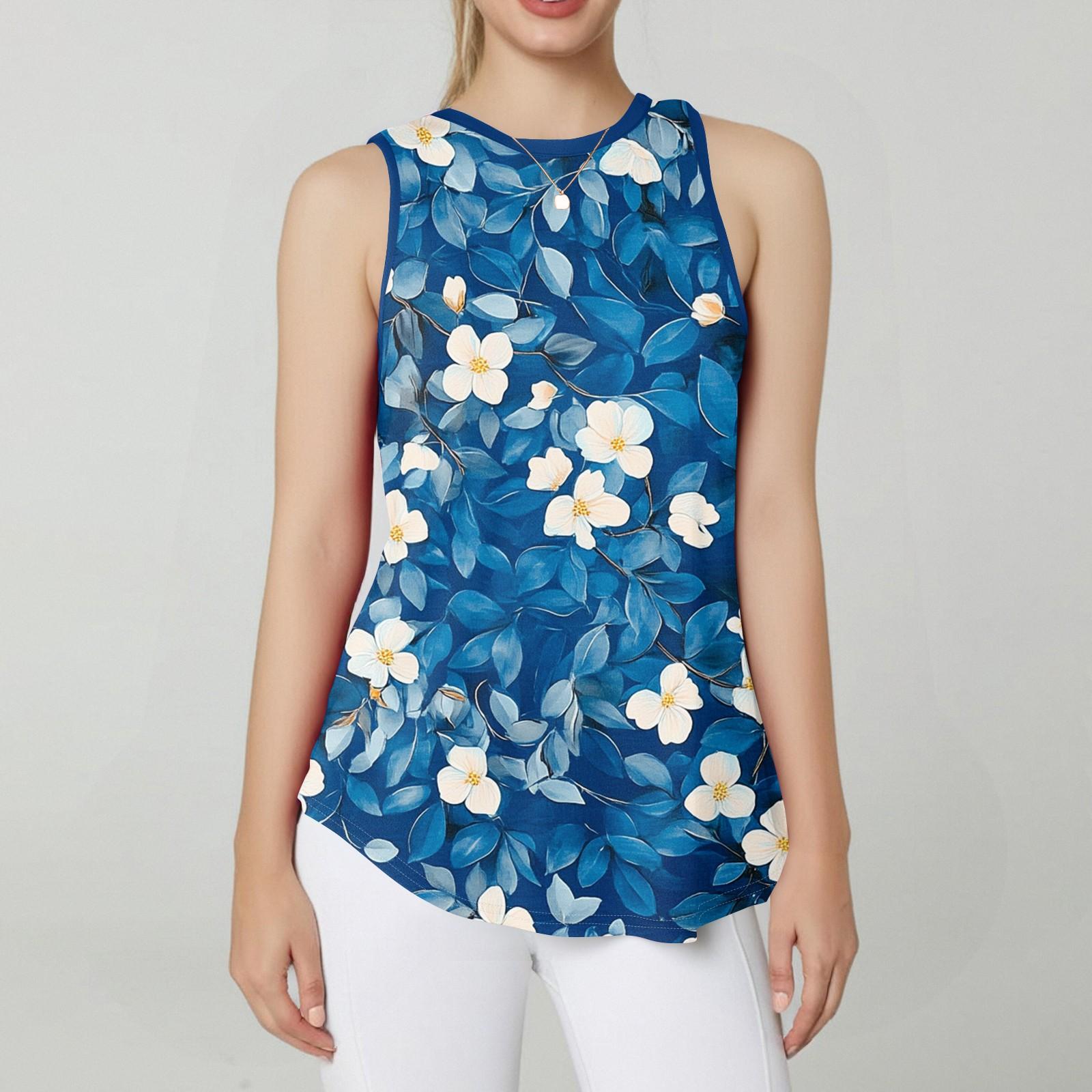 

Женская круглая горловина с ретро-цветочным принтом жилет универсальный свободный подол без рукавов футболка топ L синий