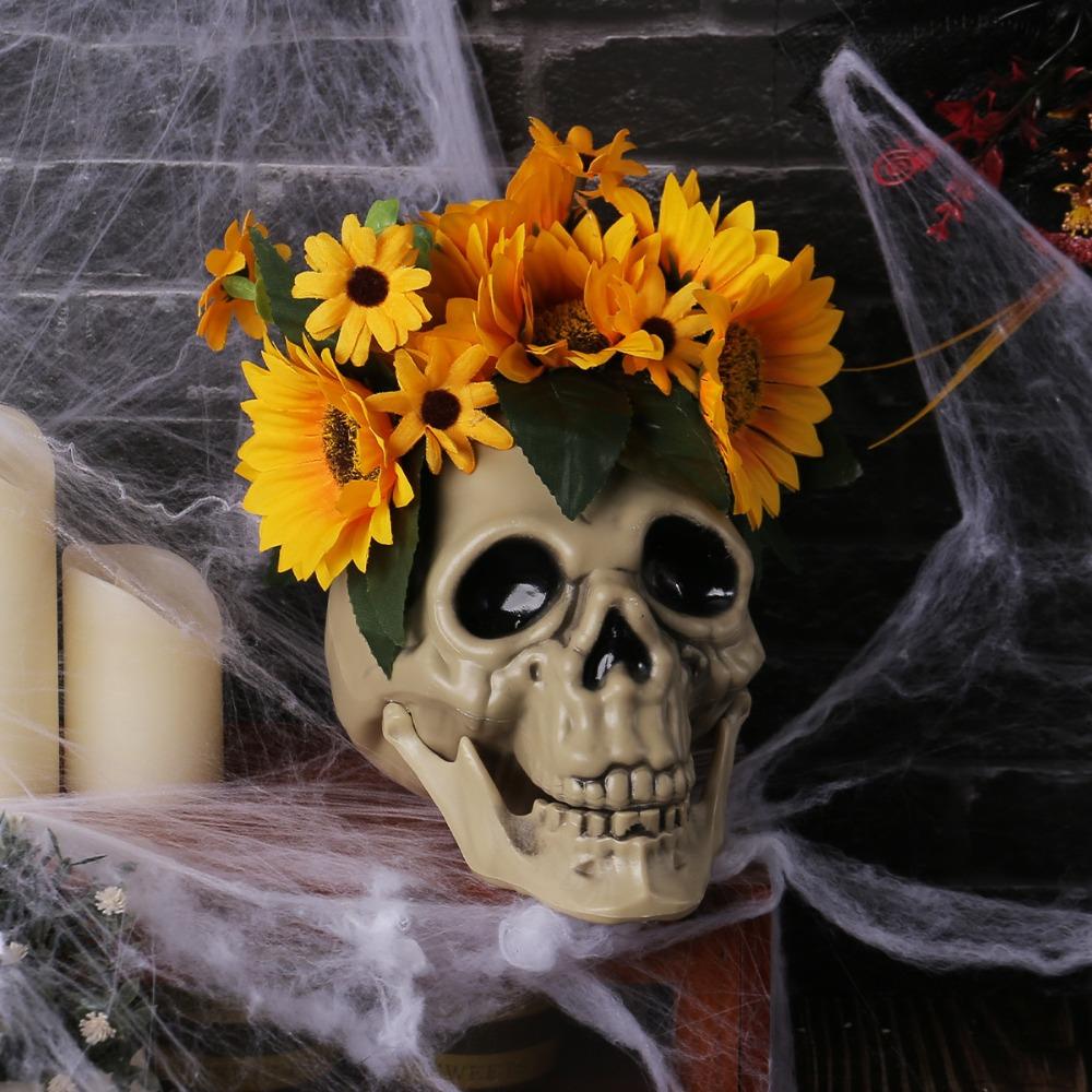 With Flower Sunflower Skull Ornament Plastic Halloween Decoration Prop Skull Statue  Living Room