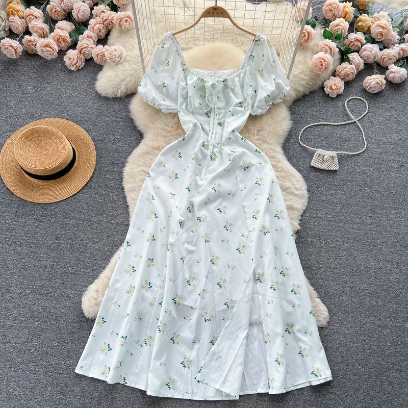 Puff Sleeves Summer Slimming Mori Style Split Dress