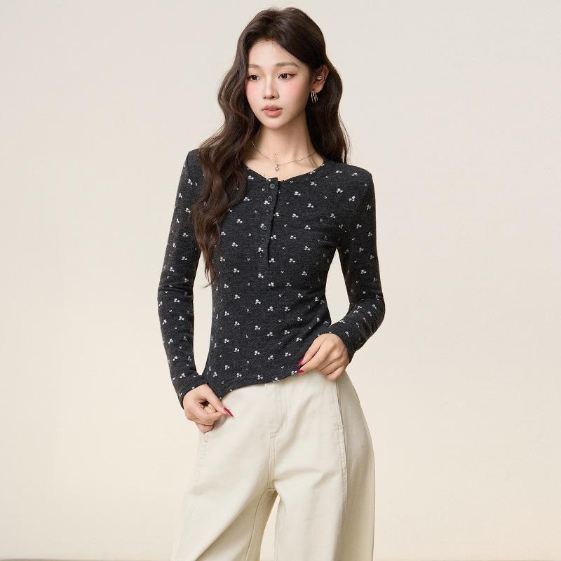 Huge and Beautiful Round Neck Right Shoulder Floral Long-sleeved Autumn and Winter New Bottoming Shirt