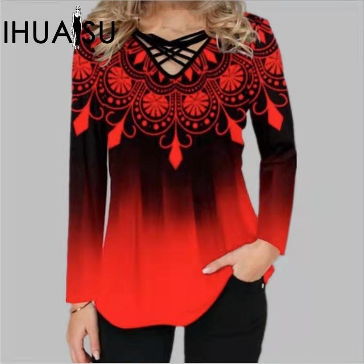 

IHUASU Fashion Elements Повседневная футболка с v-образным вырезом и длинным рукавом с цифровым принтом
