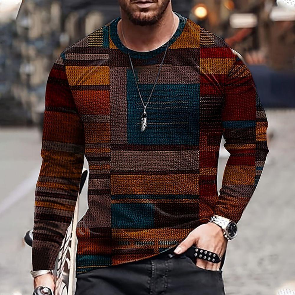 Herren Winter Langarm T-Shirt Vintage Plaid Print Muster Casual Street Tops Atmungsaktive Herren Schnelltrocknende Kleidung Tägliches Top