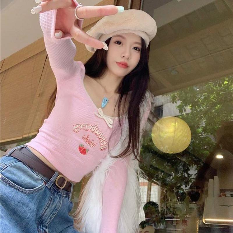 2KWEIRD Sweet Crop Tops Fashion Summer Tshirts for Women Long Sleeve Square Collar Print Tees Tunic Casual Y2k T Shirt