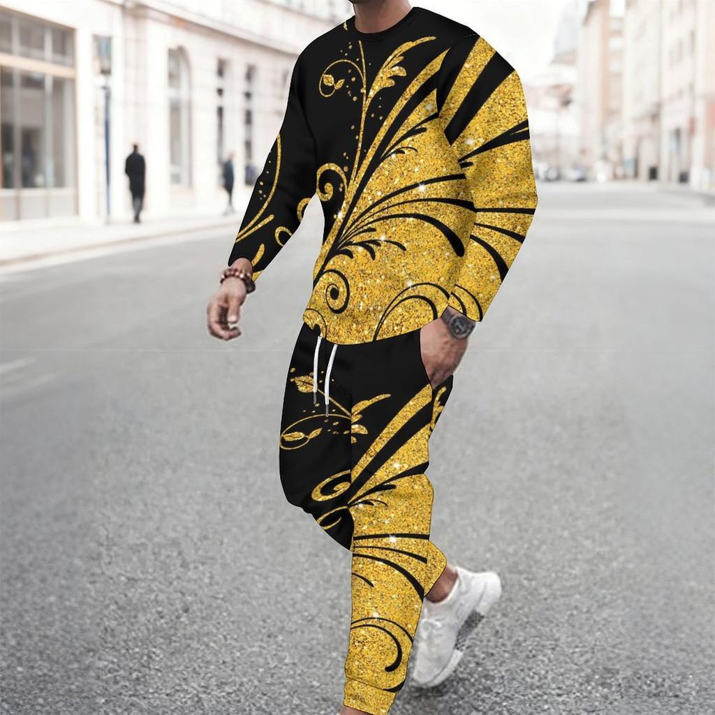Men Black Blue Bohemian Mandala Partial Print Long Sleeve Sweatshirt Jogger Pants Two Piece Suit