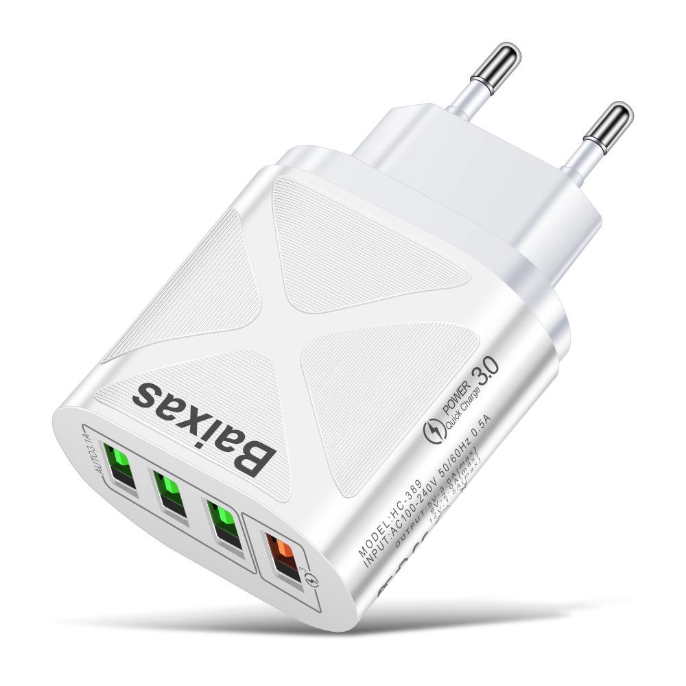 Multi-Port USB Fast Charger QC3.0, 4 Ports, 5V/9V/12V, Compatible with EU/US/UK/AU Standards