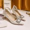 Red wedding shoes one word with pointed high heels stiletto 2025 new French medium heel single shoes white bridesmaid shoes