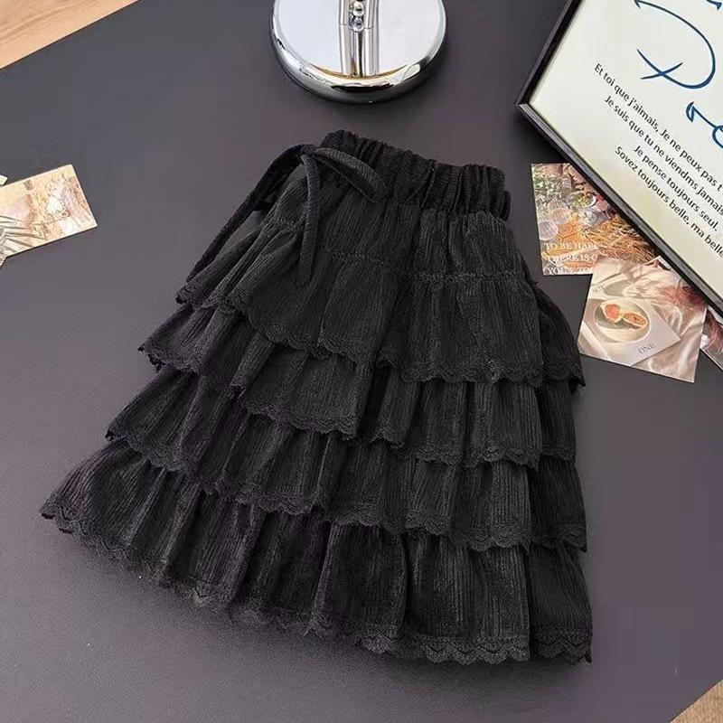 Women's Coffee Lace Patchwork Velvet A-Line Skirt - High Waist, Slimming, Autumn/Winter 2025