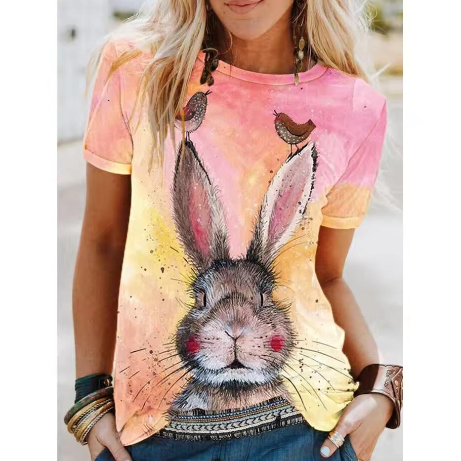 Rabbit Print Women's Top Crew Neck Short Sleeve Comfortable T-Shirts Women’s