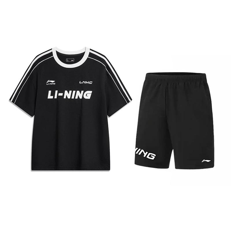 Li-Ning Retro Loose Short Sleeve T-Shirt Trendy Quick-Dry Comfortable Shorts Casual Sports Suit Unisex Sports Suit Black YHSV367-2+YKSV113-1