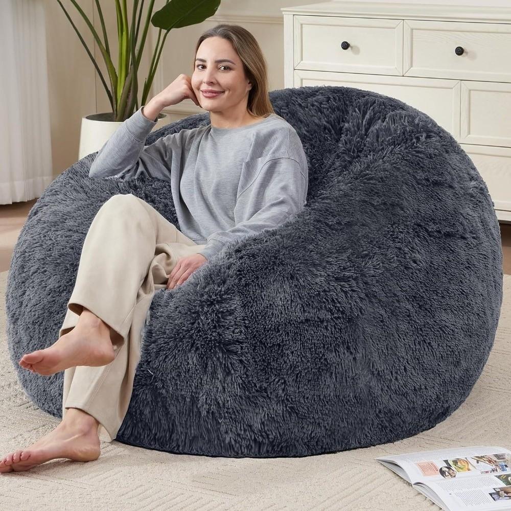 Comfy Soft Fluffy Plush Lazy Sofa Cover Large Size Round Bean Bag Chair Cover Cozy Colorful Beanbag Sofa Cover Dorm Room