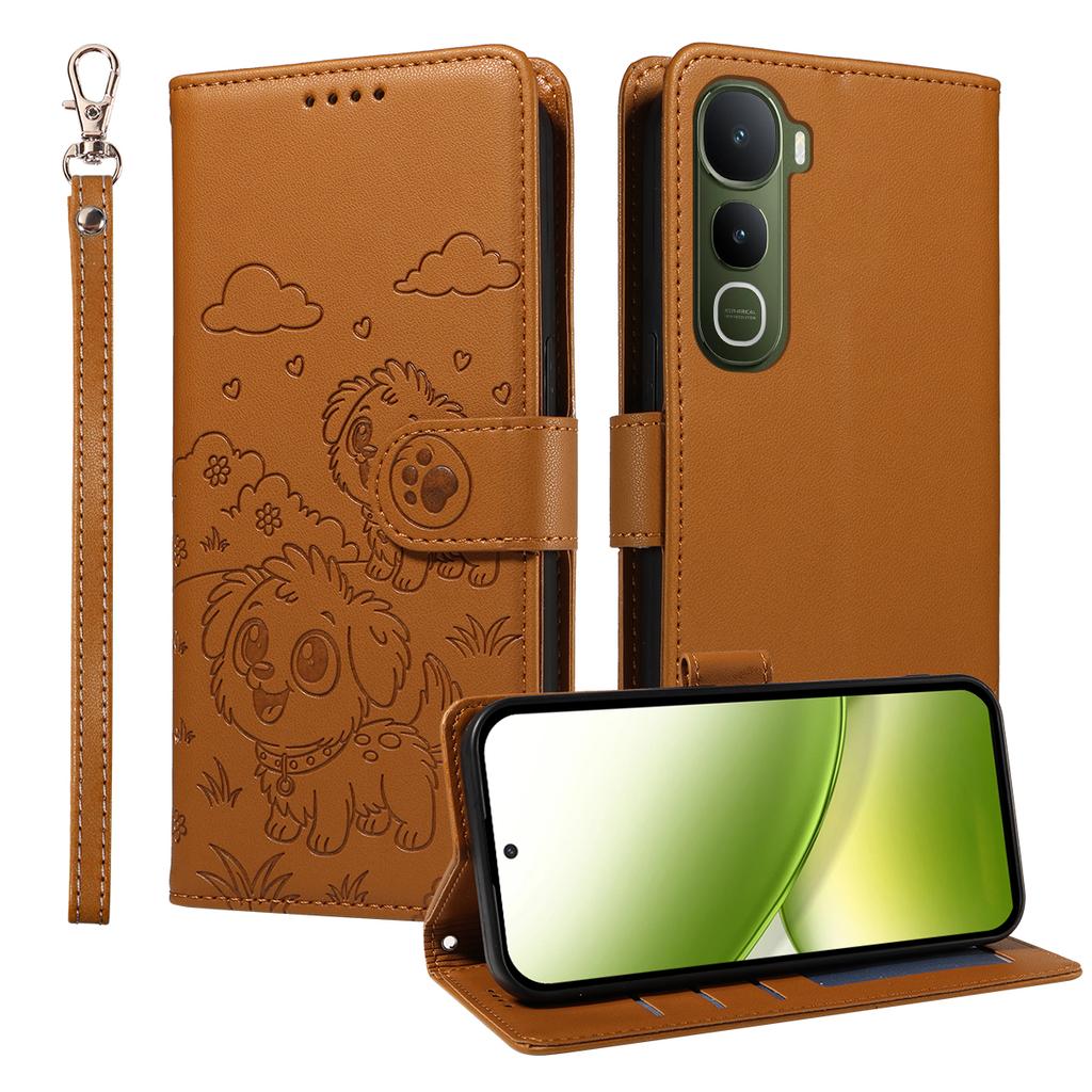 For vivo Y400 5G Case RFID Blocking Imprinted Dog Pattern PU Leather Phone Cover with Wrist Strap