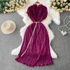 Celebrity Temperament Heavy Industry Pearl Fungus Edge Round Neck Dress Women's Summer New Waist Thin Pleated Long Dress