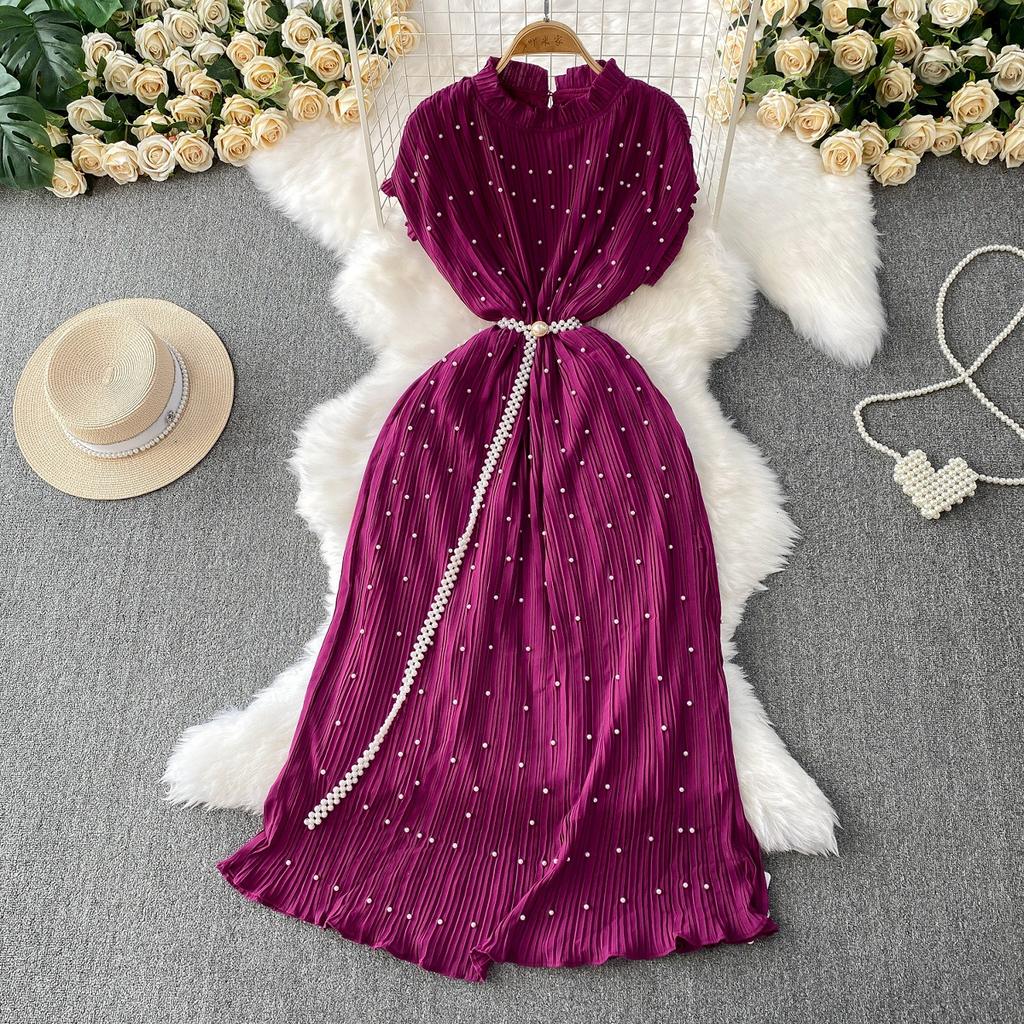 Celebrity Temperament Heavy Industry Pearl Fungus Edge Round Neck Dress Women's Summer New Waist Thin Pleated Long Dress