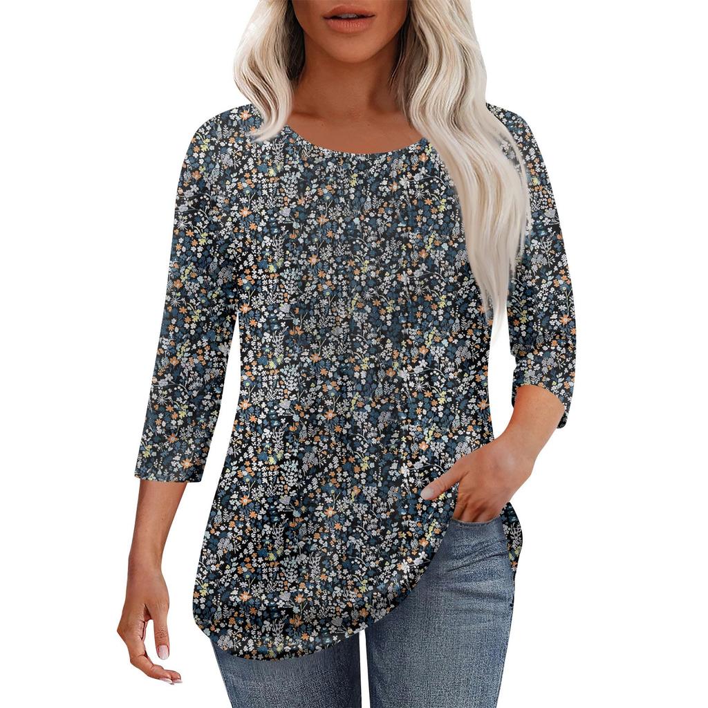 Women's Fashionable Casual Pleated Round Neck Casual Floral Print Seven Quarter Sleeved T-shirt Top