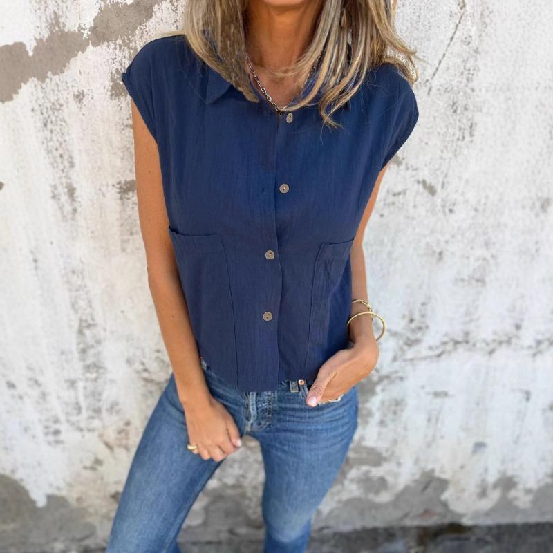 Summer Blouses Collar Loose Pocket Short Sleeved Women's Shirts Solid Color Fashion Shirt Top