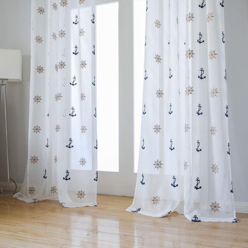 Taisier Home Window Treatments Sheer Curtains Draperies with Nautical Anchor for Living Room/Bedroom/Nursery Sliding Glass Door Ring Top
