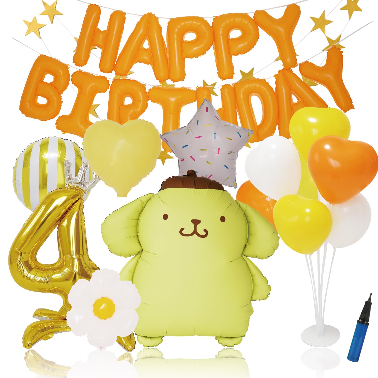 

deerzon Pompompurin Birthday Balloon Decoration Set for Boys and Girls, Balloon Stand, Heart Garland, Sanrio Numbers, 1st, 2nd, and 3rd Birthdays