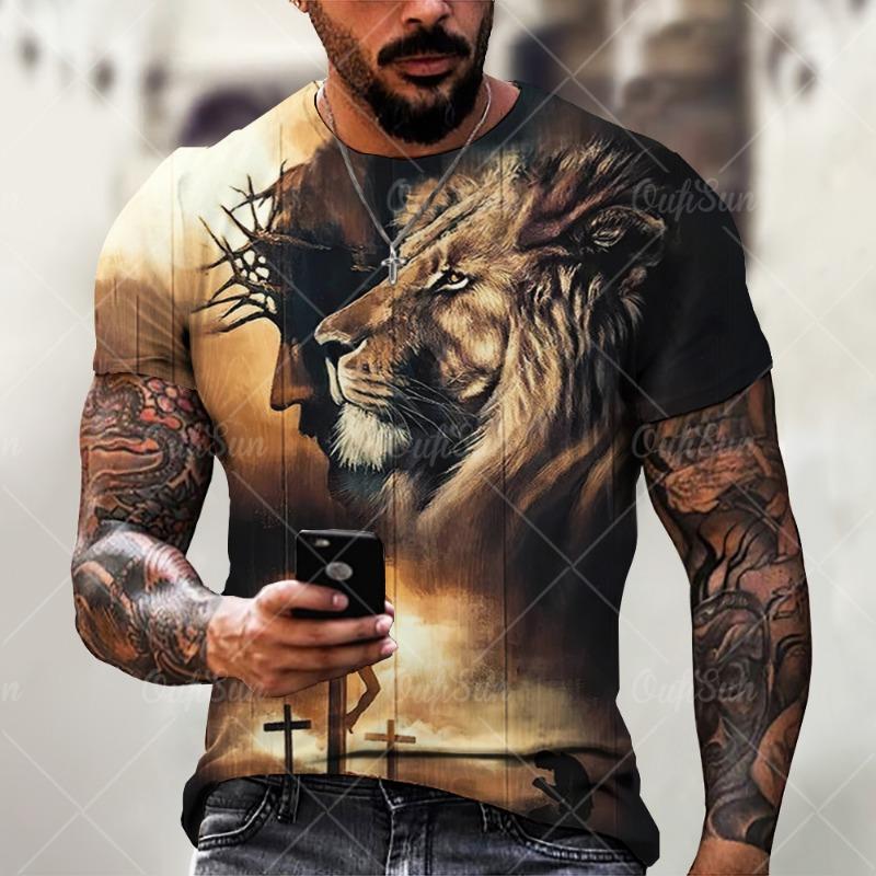 Christ Jesus T-Shirts for Men 3D Lion Printed T-Shirt Summer Clothes Short Sleeve Streetwear Vintage