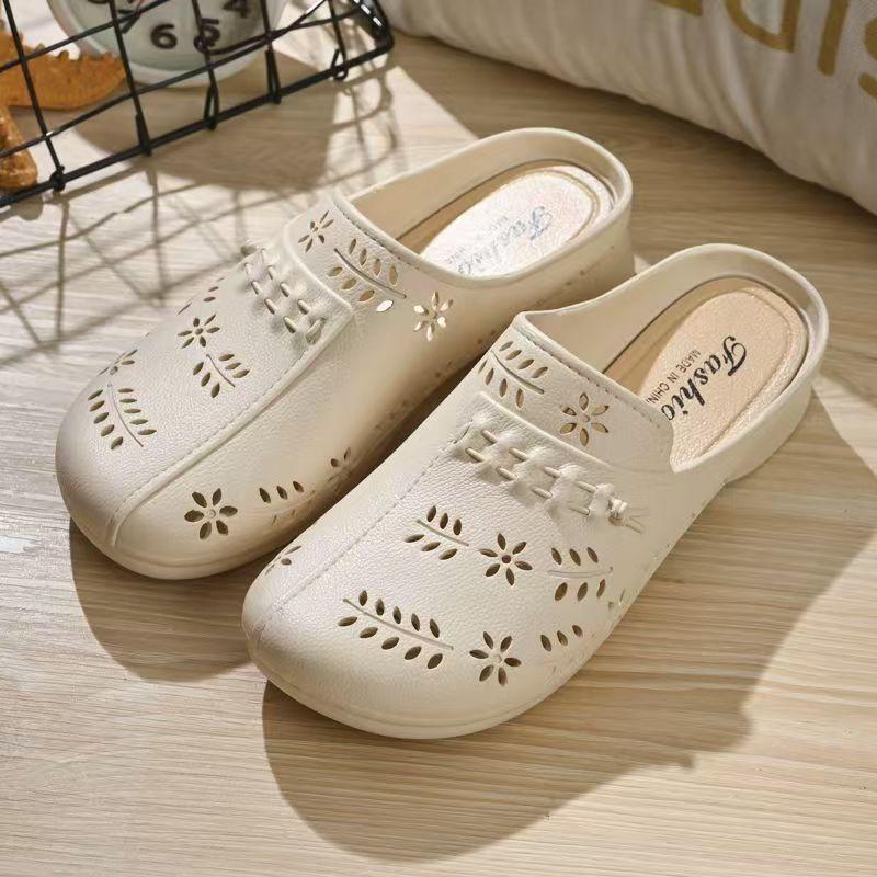 Women Baotou Hollow Out Waterproof Half Slippers Summer New Soft Sole Non Slip Breathable Flat Sole Home Slippers Beach Slippers