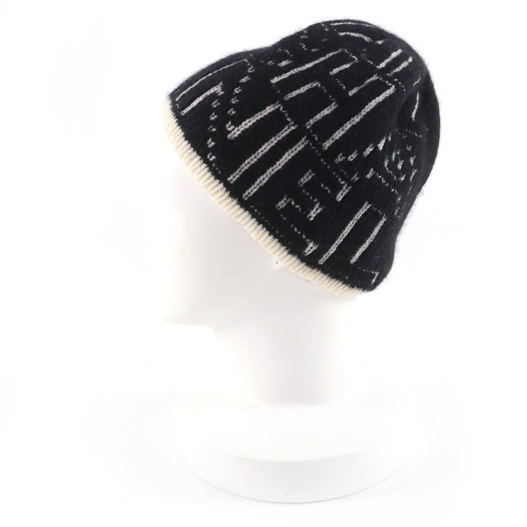 Great CHANEL Knit cap Silk blend all-over logo design beanie Black cashmere 21K Used