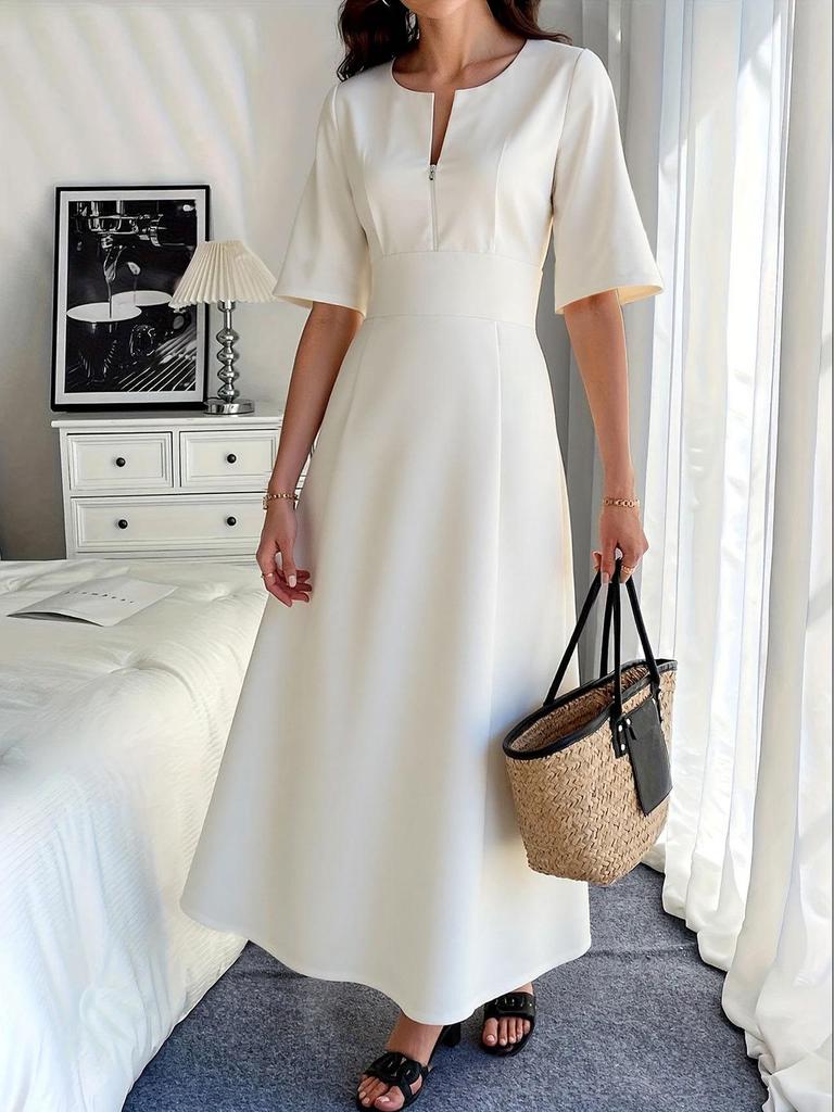 2026 French Casual Solid Color Holiday Dress - Women's Long & Short Sleeve Spring/Summer