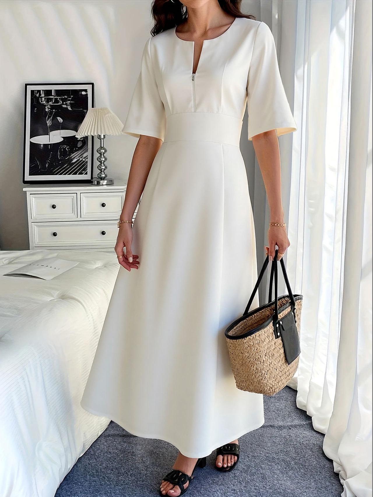 

2026 French Casual Solid Color Holiday Dress - Women s Long & Short Sleeve Spring/Summer XL белый