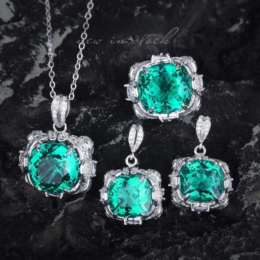 Aquamarine Topaz Pendant Large Carat Earrings Paraiaba Ring Green Diamond Jewelry Set