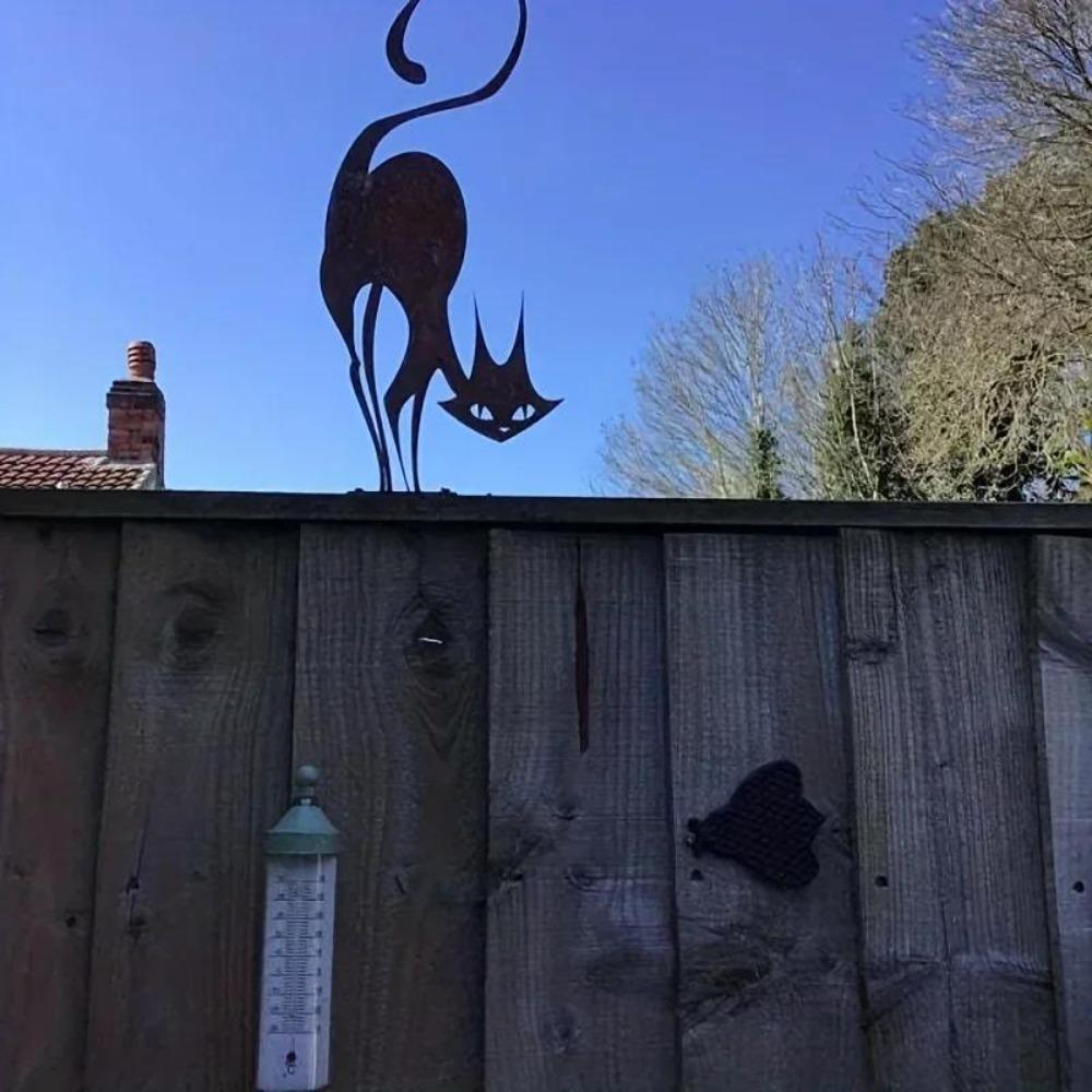Wrought Iron Cat Halloween Fence Ornament Outdoor Garden Decor