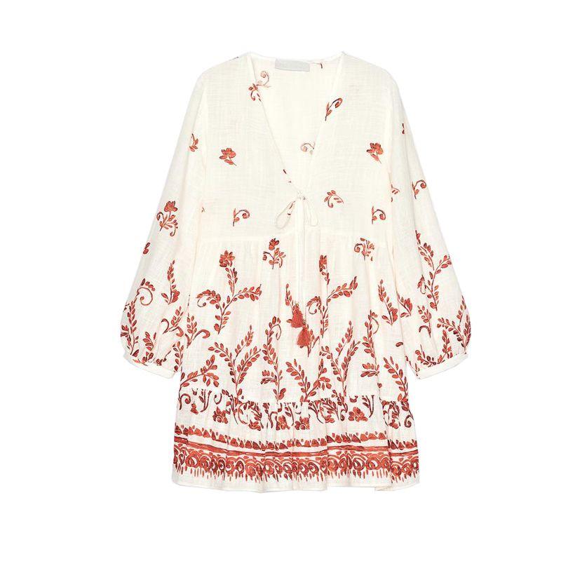 

Summer Women clothes Laminated Decoration Print Long sleeve V-neck Temperament Mini Dress 5029105 5029104 Brick Red L