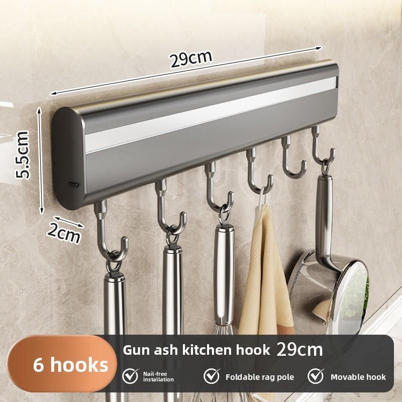 Aluminum Alloy Kitchen Wall Mount Rack With Hooks For Utensils And Cookware Storage
